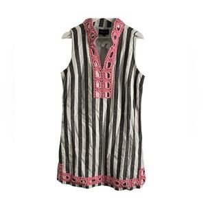 French curve Striped Sleeveless linen Dress with Pink Accents size S summer vac